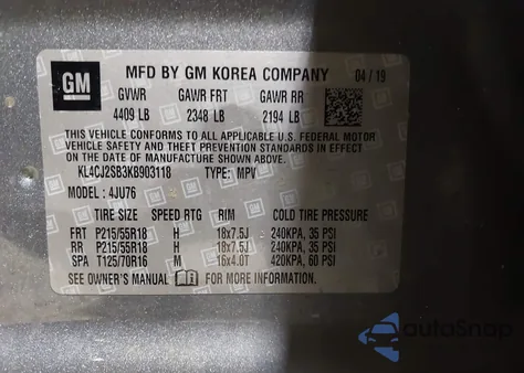 2019 Buick Encore Awd Sport Touring из США, поврежденный, VIN KL4CJ2SB3KB903118